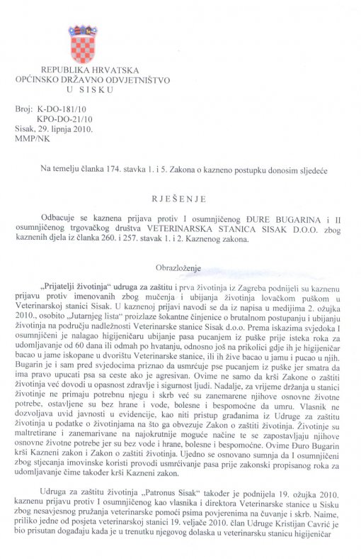 Zahtjev za reviziju rje�enja o odobrenju rada skloni�ta Veterinarske stanice Sisak 1 [ 226.34 Kb ]