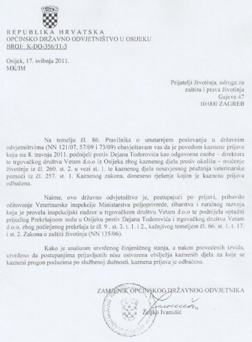Odgovor dr�avnog odvjetni�tva u Osijeku na kaznenu prijavu